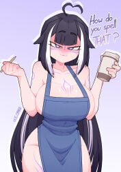 1girl 1girls ahoge apron_only black_hair cypher_05 holding_cup holding_pencil indie_virtual_youtuber large_breasts long_hair looking_at_viewer naked_apron shylily taking_order talking_to_viewer vtuber