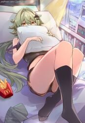 2d 2d_(artwork) 2d_artwork bed bedroom caesar_king green_hair pillow zenless_zone_zero