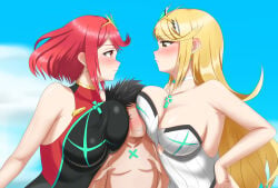 2girls big_breasts breast_press canon_couple cleavage huge_breasts kobaaaan mythra pyra rex_(xenoblade) smothering swimsuit tagme wet xenoblade_(series) xenoblade_chronicles_2