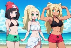 2026 3girls abs ai_generated armpits bangs beach beanie bikini black_bikini black_hair black_swimsuit blonde_hair blush breasts closed_mouth cloud cowboy_shot dark-skinned_female dark_skin day dumbbell_nan_kilo_moteru? female female_only flexing game_freak green_eyes green_shorts grey_eyes gyaru hair_between_eyes happy hat hi_res high_ponytail highres human lillie_(pokemon) long_hair looking_at_another medium_breasts medium_hair muscular muscular_female navel nintendo ocean open_mouth outdoors pokemon pokemon_sm ponytail red_shorts sakura_hibiki sand sarong sea selene_(pokemon) shorts sky small_breasts smile standing summer swimsuit teenage_girl toned toned_female twintails very_long_hair water white_bikini white_swimsuit young young_female