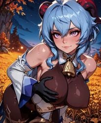 ahoge ai_generated animated autumn blue_hair bodystocking bodysuit collar cow_bell detached_sleeves dusk female fewmorepixels ganyu_(genshin_impact) genshin_impact goat_horns horns mihoyo outdoors purple_eyes sidelocks tagme video