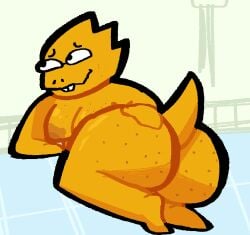 alphys anthro ass ass_focus big_ass big_breasts big_nipples breasts chubby chubby_female evilincarn8te fat_ass female freckles freckles_on_ass freckles_on_face glasses lying_on_floor monster nerd nerdy_female nervous nervous_smile nipples scalie snout tail undertale undertale_(series) yellow_skin