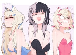 black_and_white_hair blonde_hair blue_eyes both_eyes_closed cleavage cypher_05 dog_ears fuwamoco fuwawa_abyssgard goth_girl gritted_teeth hololive hololive_advent hololive_english implied_oral large_breasts leotard long_hair mococo_abyssgard off_screen_sex one_eye_closed open_mouth pleasure_face pleasured_face shiori_novella short_hair small_breasts vtuber yellow_eyes