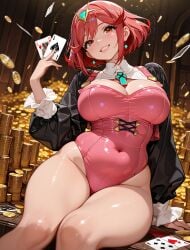 1girl ace_(playing_card) ace_of_hearts ace_of_spades ai_generated arlequin097 blush breasts card casino chest_jewel cleavage coin covered_navel earrings gem gold_coin grin highleg highleg_leotard holding holding_card indoors jewelry large_breasts leotard long_sleeves looking_at_viewer pink_leotard playing_card poker_chip pyra pyra_(xenoblade) red_eyes red_hair red_leotard short_hair shrug_(clothing) sitting smile solo strapless_leotard swept_bangs thick_thighs thighs tiara xenoblade_(series) xenoblade_chronicles_2