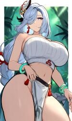 1girls ai_generated big_breasts big_thighs crop_top curvy curvy_body curvy_female curvy_figure curvy_hips curvy_thighs genshin_impact hips huge_breasts kyoru189 large_breasts looking_at_viewer looking_down looking_down_at_viewer mature_female midriff seductive seductive_look shenhe_(genshin_impact) shiny shiny_skin solo solo_female thighs