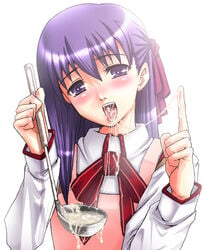 apron cum cum_eating fate/stay_night fate_(series) gokkun matou_sakura oekaki purple_eyes simple_background