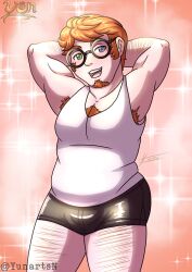 armpit_hair armpits arms_up beard body_hair boxer_briefs boxers boxers_(clothing) chest_hair chubby chubby_male fat glasses heterochromia male_only oc red_hair sleeveless_shirt smile terrence_brandy underwear yunartsn