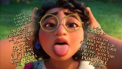 3d 3d_(artwork) ahegao alternate_version_available blushing brown_eyes brown_hair curly_hair dialogue disney encanto english_text femsub forced futa futa_on_female futadom glasses grabbing high_resolution highres holding_head humiliation imminent_oral imminent_rape imminent_sex incest luisa_madrigal medium_breasts mirabel_madrigal older_sister outdoors rape sisters slightly_chubby slightly_chubby_female teenage_girl teenager text tongue younger_sister