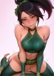 1boy 1girl ai_generated akali assertive_female bangs bare_shoulders black_hair blush breasts collarbone cowgirl_position crop_top cum cum_in_pussy explicit fingerless_gloves girl_on_top gloves green_choker green_gloves green_ribbon hair_ribbon hetero large_breasts league_of_legends lip_biting lips long_hair looking_at_viewer medium_breasts midriff navel ninja nuageeart parted_lips penis ponytail pov pussy red_eyes ribbon riot_games sex simple_background smile solo_focus stomach straddling sweat teeth thighhighs uncensored vaginal