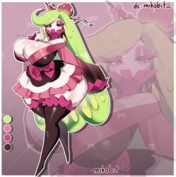 1girl 1girls artist_request big_breasts black_legwear bow breasts crown full_body gen_7_pokemon green_hair half-closed_eyes long_hair looking_at_viewer mini_crown nintendo pink_bow pokemon pokemon_(species) pokemon_sm skirt solo thighhighs tsareena very_long_hair