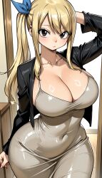ai_generated black_jacket blonde_hair dress fairy_tail huge_breasts jacket long_dress lucy_heartfilia neckline ponytail seductive_pose thick_thighs voluptuous_female