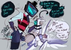 1boy 1girl anal_sex angel angel_wings blush bondage cum dialogue dirty_talk double_penetration emily_(hazbin_hotel) english english_text grabbing hat hazbin_hotel hellaverse hetero light_bondage multiple_penises partially_clothed pinksartdump straight sweat thrusting tv_head two_dicks two_penises vaginal_penetration vaginal_sex vox_(hazbin_hotel) wings