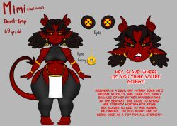 character_sheet devil devil_horns devil_tail fangs gold_jewelry hypnosis hypnosis_coin large_ass lemonsqueeze loincloth oc original_artwork original_character red_skin shortstack thicc thick_ass thick_thighs yellow_eyes