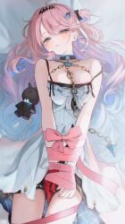 1girls bare_shoulders bow breasts denia_(wuthering_waves) hair_bow highres j0ch3fvj6nd looking_at_viewer lying lying_on_bed on_back on_bed pink_hair solo thighs wuthering_waves