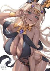 absurd_res blonde_hair blush bracelet breasts cleavage dark-skinned_female dark_skin green_eyes highres horns jewelry large_breasts long_hair looking_at_viewer love_cacao navel open_mouth smile solo v