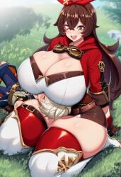 1boy 1boy1girl 1girls ai_generated amber_(genshin_impact) bennett_(genshin_impact) big_breasts big_thighs breasts_on_head female genshin_impact grass head_on_lap hoyoverse kiraai male novelai