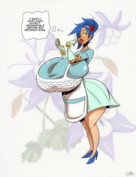 absurdres apron ass big_breasts blue_hair breast_expansion breasts bubble_ass bubble_butt domestication earrings empty_eyes eyepatch femsub high_heels housewife huge_ass huge_breasts hyper_breasts jewelry lakehylia large_breasts large_lips lipstick makeup necklace original short_hair stepfordization tattoo text thought_bubble