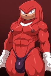 1boy ai_generated anthro bara big_ass big_ass_(male) big_butt big_butt_(male) bulge furry gay huge_pecs knuckles_the_echidna kovasfox male_focus muscular nipple_piercing nipples pecs sega solo sonic_(series) sonic_the_hedgehog_(series) thick_thighs thong