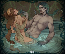 1boy 1girls 2010 ass brown_hair fish girl_on_top greek_mythology green_hair implied_sex light-skinned_female light_skin mythology nude nude_female nude_male partially_clothed_female partially_submerged poseidon see-through_clothing stregatto10 tyro water