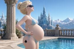 ai_generated bikini elsa_(frozen) frozen_(film) pose pregnant pregnant_belly qos qos_tattoo queen_of_spades sunglasses swimming_pool swimsuit tattoo