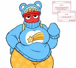 1girl 1girls bbw bear_ears belly big_belly big_breasts care_bear care_bears chubby clothed curvy dandy's_world dandys_world fat female female_only gigi_(dandy's_world) half-closed_eyes izoufi large_breasts overweight plump red_body request roblox solo sweater thick thick_thighs wish_bear