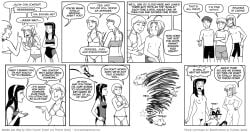 3boys 4girls 4koma bikini breasts comic duchess_(artist) english_text female_pubic_hair greyscale larisa_korolev left-to-right_manga male_swimwear monochrome multiple_boys multiple_girls nipples nude one-piece_swimsuit pubic_hair sandra_and_woo sandra_north swim_trunks swimsuit webcomic woo_(sandra_and_woo) zoey_irwin