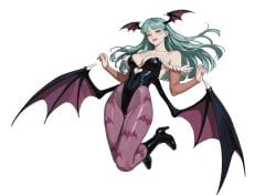 4_wings animal_print animal_print_legwear armpit_crease bare_shoulders bat_print black_leotard bridal_gauntlets capcom cleavage darkstalkers feathers female female_focus female_only green_eyes green_hair head_wings hi_res high_heels high_quality high_resolution highleg_leotard highres leotard long_hair medium_breasts morrigan_aensland navel navel_visible_through_clothes pantyhose print_pantyhose purple_pantyhose simple_background solo solo_female solo_focus succubus succubus_wings thick_thighs vampire_(game) vampire_savior white_background wings_on_head