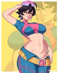 1girls 2d big_thighs black_hair blue_clothing busty clothed earrings fully_clothed glasses glasses_on_head hands-free jubilee jubilee_(marvel_rivals) marvel marvel_comics marvel_rivals open_clothes open_hands panties panties_visible_through_clothing pubic_hair short_hair smile smiling smiling_at_viewer solo solo_female solo_focus tomboy topwear waist white_skin yellow_eyes