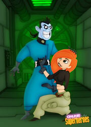 clothed disney dr._drakken female hand_on_head human kim_possible kimberly_ann_possible male medium_breasts midriff navel online_superheroes orange_hair redhead smile straight straight_hair