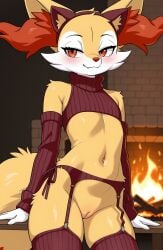 1girls 2026 ai_generated anthro bare_shoulders blushing braixen cat_suit crop_top cropped_sweater detached_sleeves fake_animal_ears female female_only fireplace generation_6_pokemon half-closed_eyes hi_res indoors inner_ear_fluff innie_pussy nintendo orange_eyes orange_fur pokemon pokemon_(species) pussy smile sweater thighhighs turtleneck turtleneck_sweater white_fur yellow_fur zonoya_(artist)