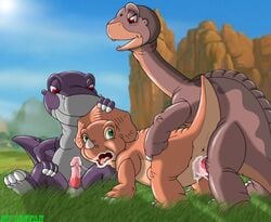 1girls 2boys anus balls cera chomper_(the_land_before_time) cum cum_in_mouth cum_in_pussy cum_inside erection female feral feral_on_feral lbtfan littlefoot male penetration penis pussy raised_tail sex surprised the_land_before_time threesome vaginal_penetration