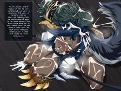 animal_humanoid blowjob cum cum_in_mouth cum_in_pussy cum_inside cum_on_body dark_skin dick_in_pussy floating_penis heart-shaped_pupils large_breasts paws pori_tan_ rufo_(limbus_company) sharp_teeth suggestive tongue_out
