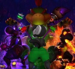 3d 3d_(artwork) 4boys anthro ass back_pose back_view balls big_ass big_butt bowser_jr. butt clothed clothing crossed_arms crown dinosaur doommusk evil evil_grin evil_smile fire fire_breathing gay glowing glowing_eyes green_cap green_shorts hi_res illumination_entertainment koopa koopa_troopa lava lire_(doommusk) looking_at_viewer looking_back male male/male mario_(series) mario_bros monkey nintendo open_mouth paintbrush penis primate red_cap shorts smile spiked_collar spikes super_mario_bros. super_mario_galaxy super_mario_galaxy_(2026_film) symbol the_super_mario_galaxy_movie tongue tongue_out turtle yoshi