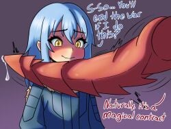 blue_hair blue_sweater blush blushing dialogue draconic_penis femboy giant_cock giant_penis inhuman_genetalia long_hair nervous nervous_smile precum precum_drip rimuru_tempest scarf staring_at_penis swisschocoart tensei_shitara_slime_datta_ken text yellow_eyes