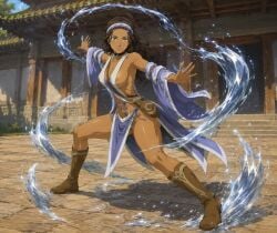 adult_female ai_generated avatar_legends avatar_the_last_airbender blue_eyes blue_eyes_female brown_hair brown_hair_female clothed female female_focus female_only fighting_pose katara long_hair long_hair_female outdoors outside skimpy skimpy_clothes skimpy_outfit tan_skin water water_bender water_tribe