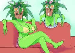 2026 2d 2girls big_breasts bikini blaster_master breasts cleavage female female_only green_body green_hair hair kanna_(blaster_master) leaf_hair sunglasses sunglasses_on_head swimwear