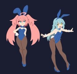 1girl 1nonbinary arms_out blue_eyes blue_hair bunny_ears bunnysuit embarrassed heels leggings leotard long_hair milim_nava pink_hair playboy_bunny rimuru_tempest small_breasts smug swisschocoart tensei_shitara_slime_datta_ken twintails yellow_eyes