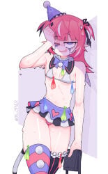 aftermath camila_(vtuber) clown_girl clown_hat clown_makeup condoms_on_body cypher_05 dripping_cum dripping_sweat holding_purse indie_virtual_youtuber looking_at_viewer pink_hair pink_panties purse small_breasts tired tired_expression tired_eyes tired_look used_condom used_condoms vtuber