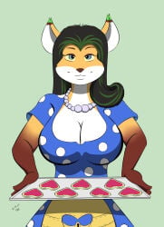 anthro apron big_breasts breasts cookies domestication female_only femsub food fox_girl furry happy_trance large_breasts necklace sailoranna spiral_eyes stepfordization symbol_in_eyes tray