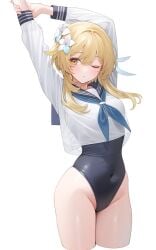 1girls ai_assisted arms_up blonde_hair breasts competition_school_swimsuit female_only genshin_impact highleg highleg_one-piece_swimsuit highleg_swimsuit j0ch3fvj6nd legs_together lumine_(genshin_impact) neckerchief orange_eyes school_swimsuit school_uniform solo thick_thighs thighs