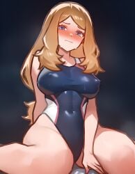 1girl ai_generated blue_eyes blush breasts brown_hair competition_swimsuit covered_navel covered_nipples large_breasts long_hair looking_at_viewer one-piece_swimsuit pokemon serena_(pokemon) shiny solo spread_legs swimsuit wavy_mouth