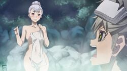 amazed asta_(black_clover) bath bathhouse bathing black_clover blush breasts breasts breasts embarrassed embarrassed_nude_female gray_hair grey_hair hair_bun hands_clasped hands_clenched hips holding_towel impressed keihh looking_at_another naked nipples noelle_silva one_hand_up one_nipple_out open_mouth outdoors outside purple_eyes rock sauna silver_hair smiling speechless star_eyes steam tied_hair towel_on_head towel_wrap towels