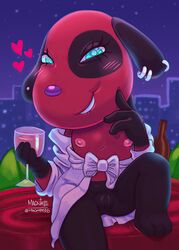 2020 alcohol animal_crossing anthro beverage bite biting_lip biting_own_lip breasts canid canine canis cherry_(animal_crossing) domestic_dog ear_piercing ear_ring female flat_chest front_view genitals heart holding_beverage holding_glass holding_object looking_at_viewer magnta mammal nintendo nipples piercing pussy red_body self_bite sitting small_breasts smile solo video_games wine