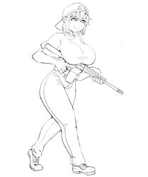 1girls backwards_baseball_cap big_breasts breast_on_object female female_only firearm kyle_rittenhouse line_art no_color real_person rifle rule_63 short_hair sivilrelief smiling tagme trigger_discipline white_background