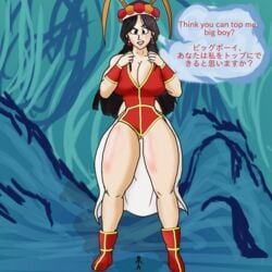 1girls annin_(dragon_ball) black_hair bottomless breasts cape cleavage cosmicdairy dragon_ball dragon_ball_(classic) earrings english_text giantess goddess hands_on_breasts headgear japanese_text large_breasts long_hair open_mouth partially_clothed shoes size_difference speech_bubble stickfigure thick_thighs topwear wristband