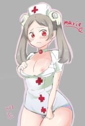 artist_request bloody_marie blush breasts costume embarrassed female nipples plain_background simple_background skullgirls source_request valentine_(skullgirls)