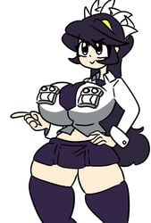 1girls black_hair black_legwear black_skirt black_tie female filia_(skullgirls) inakotho large_breasts long_hair red_eyes samson_(skullgirls) shirt skirt skullgirls smile thick_thighs