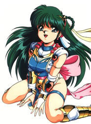 90s artist_request back_bow blue_eyes bow braid bridal_gauntlets can_can_bunny green_hair high_resolution long_hair medium_breasts non-web_source official_art open_mouth pink_bow sitting smile smiling_at_viewer solo solo_female swatty_(can_can_bunny) white_background