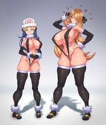 2girls alternate_breast_size between_labia big_breasts blonde_hair blue_hair blush breasts breasts_bigger_than_head closed_eyes cynthia_(pokemon) dark_blonde dark_blonde_hair dawn_(pokemon) dirty_blonde dirty_blonde_hair female female_only gradient_background hearts hourglass_figure huge_breasts image innie_pussy large_breasts larger_female long_hair makinakid nintendo pokemon pokemon_dppt revealing_clothes sandy_blonde sandy_blonde_hair simple_background size_difference smaller_female standing thick_thighs thigh_gap thighhighs thighs yellow_eyes