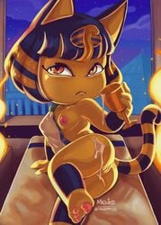 2020 animal_crossing ankha ankha_(animal_crossing) anthro ass blue_hair bottomless breasts clothed clothing container cup domestic_cat dripping egyptian felid feline felis female female_focus female_only frown genitals hair holding_cup holding_object looking_at_viewer lying magnta mammal nintendo nipples on_side one_breast_out pawpads pussy solo translucent translucent_clothing uraeus video_games yellow_body